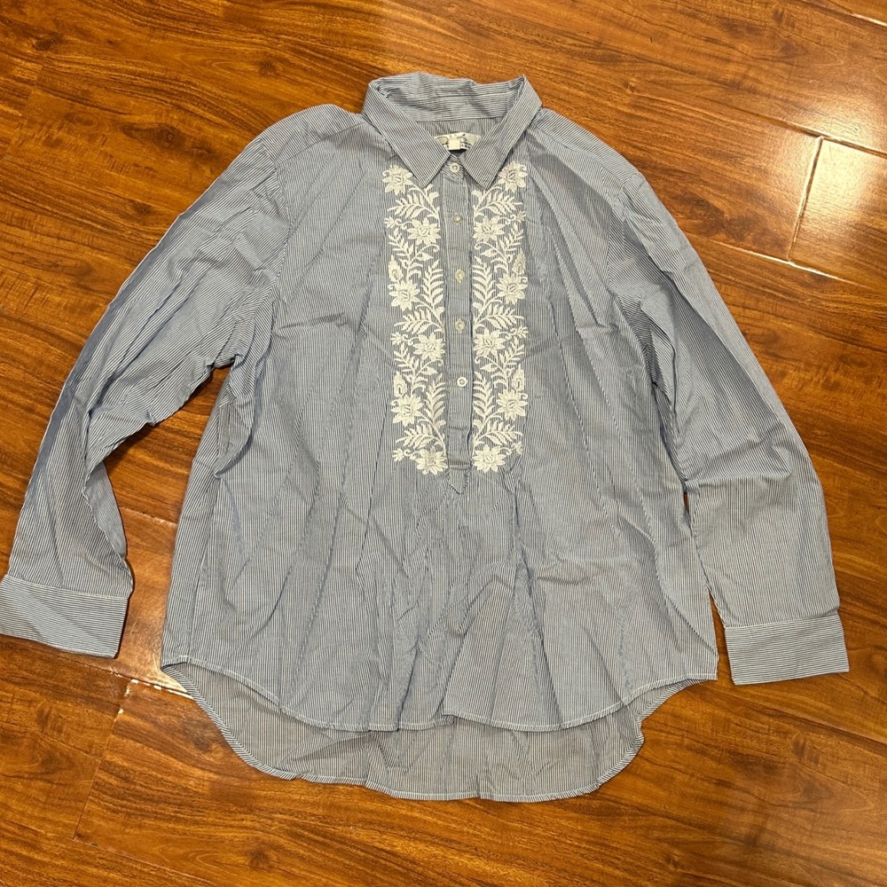 Women's Blouse Blue White Stripe Long Sleeve 100% Cotton Floral Embroidery XL